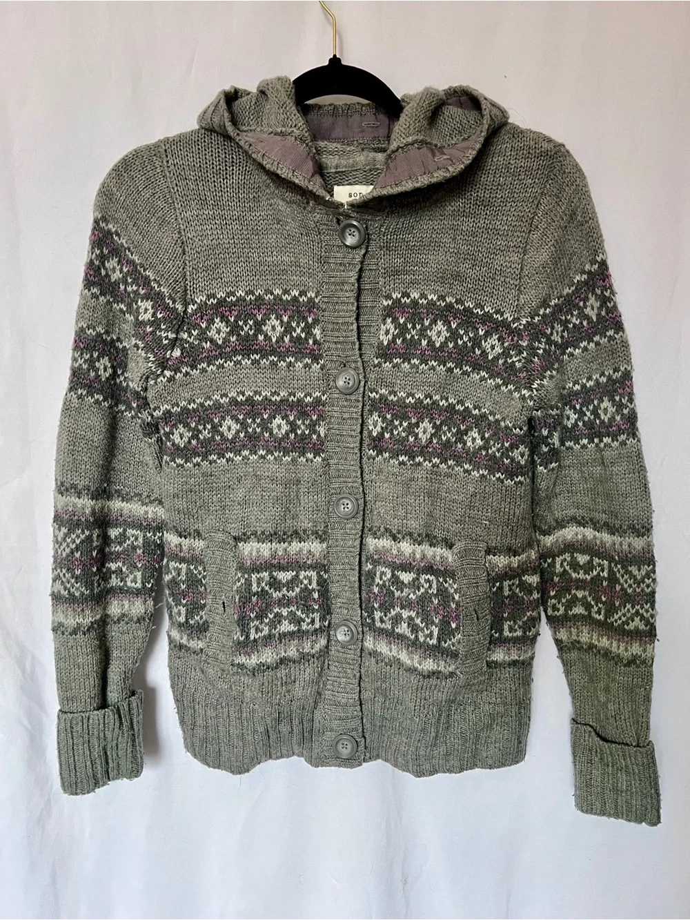 Sonoma Gray Hooded Fair Isle Button Cardigan - Picture 1 of 5